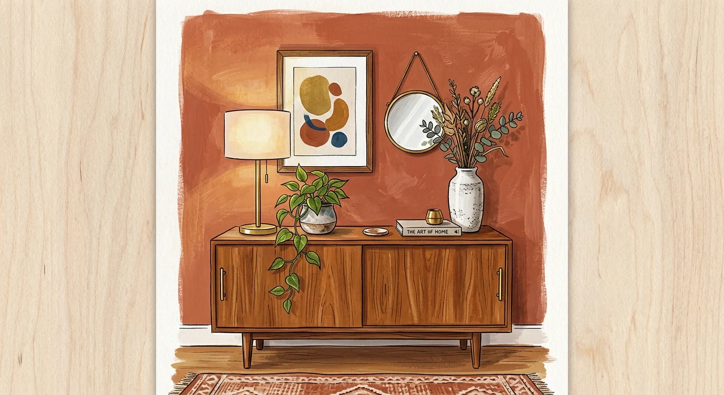 An illustration of a mid-century wooden credenza styled with a brass lamp and plants against a warm terracotta accent wall.