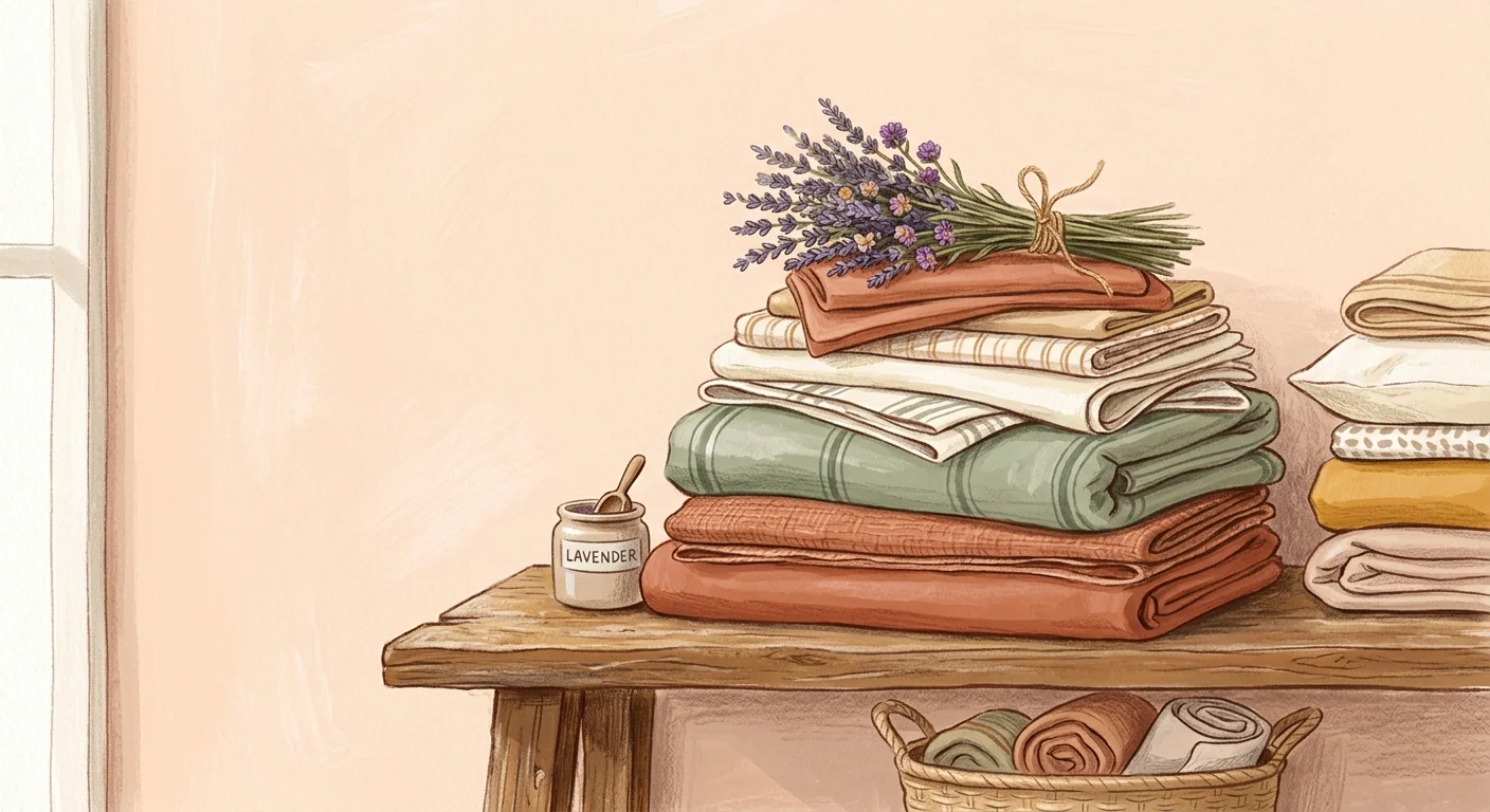 An illustration of a neat stack of folded terracotta, green, and cream sheets on a shelf with a bundle of lavender on top.