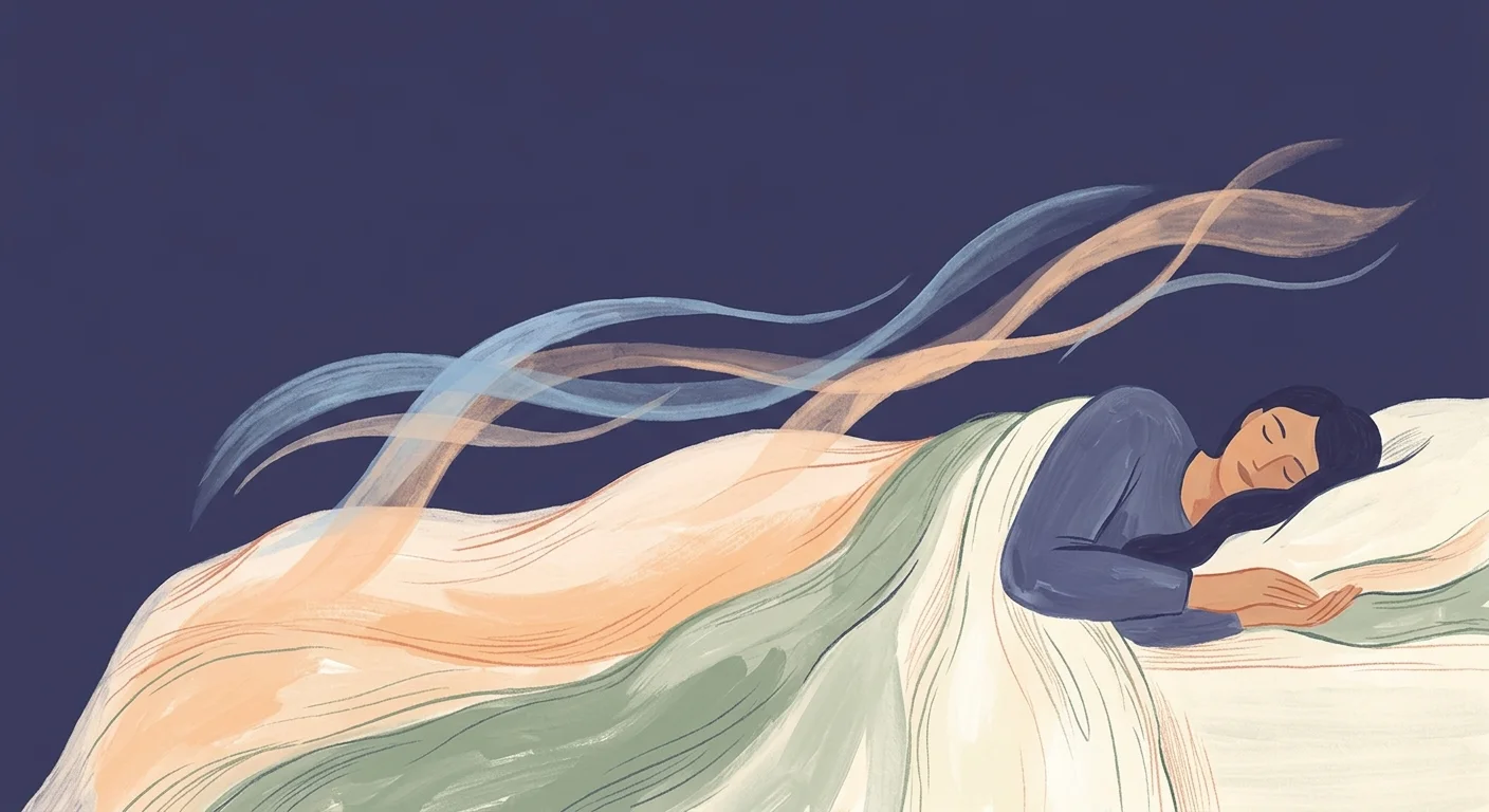 An illustration of a person sleeping peacefully under breathable blankets with flowing lines showing airflow.