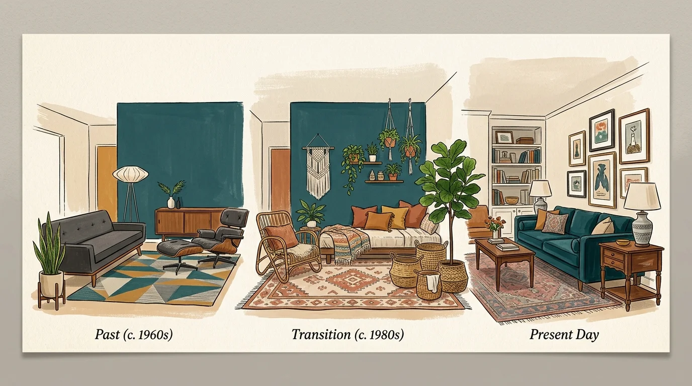 An illustration showing three different room styles over time, all anchored by the same timeless teal accent wall.