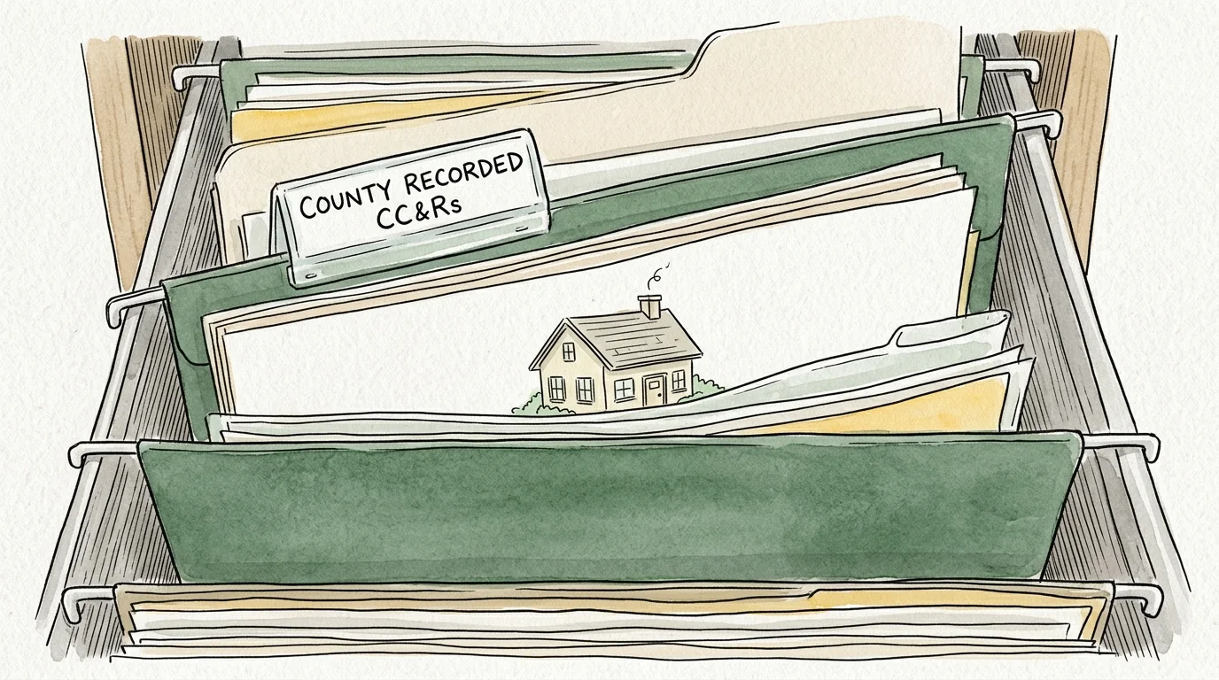 An ink and watercolor illustration of a house nestled safely inside an organized hanging folder labeled 'County Recorded CC&Rs'.