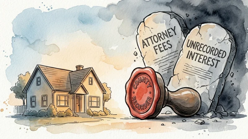 An ink and watercolor illustration of a house protected from crumbling stone legal documents by a giant county recorder seal.