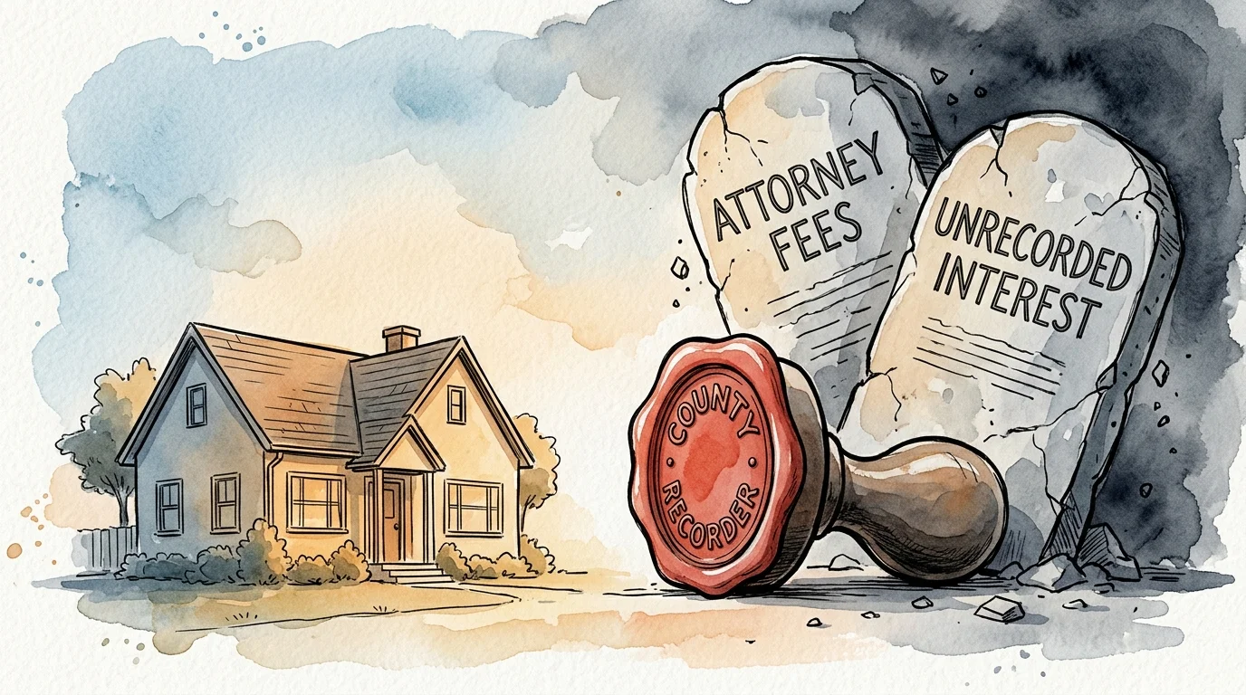 An ink and watercolor illustration of a house protected from crumbling stone legal documents by a giant county recorder seal.