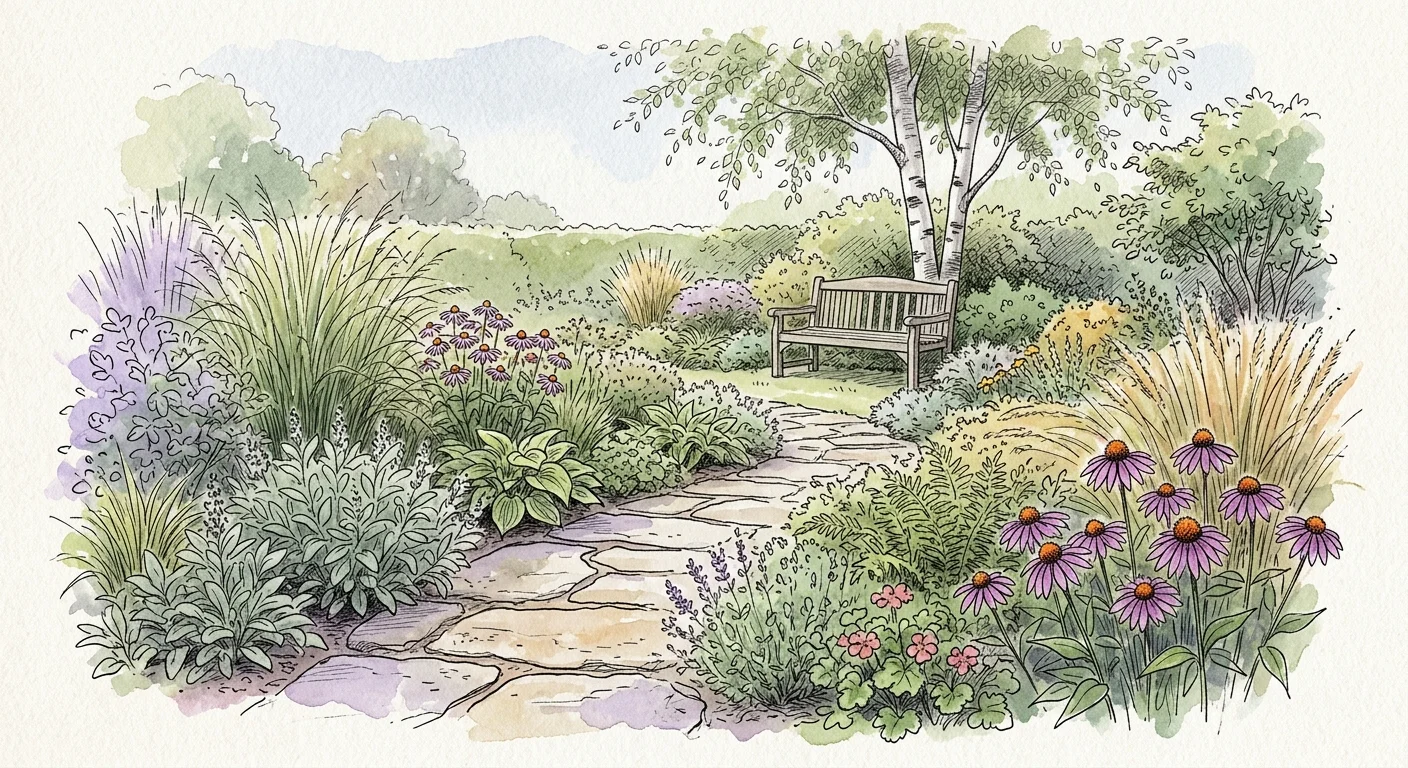 An ink and watercolor illustration of a stone pathway winding through a beautifully styled summer garden with a wooden bench.