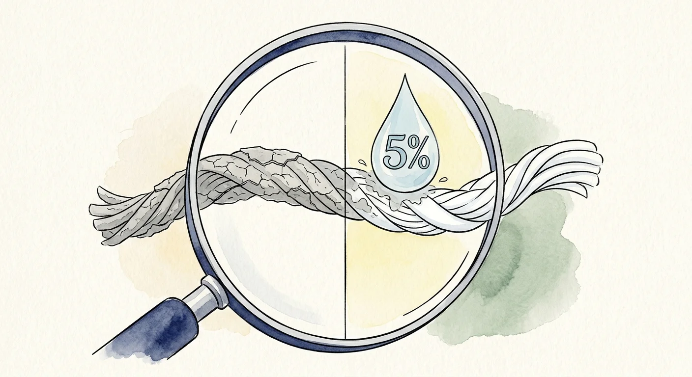 An ink and watercolor illustration showing a drop of vinegar dissolving stiff mineral buildup from a fabric fiber under a magnifying glass.