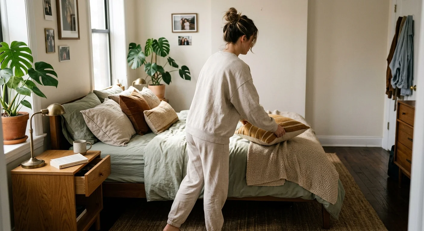 An iPhone snapshot of a person in casual linen clothes adjusting an earth-toned pillow on a layered bed in morning light.