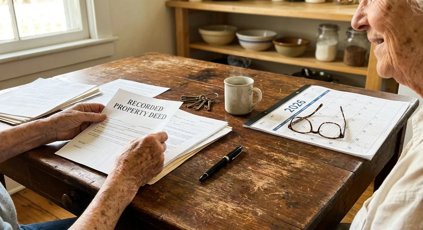An overhead photograph of a senior's hands organizing home documents, including a recorded property deed, on a rustic wooden table.