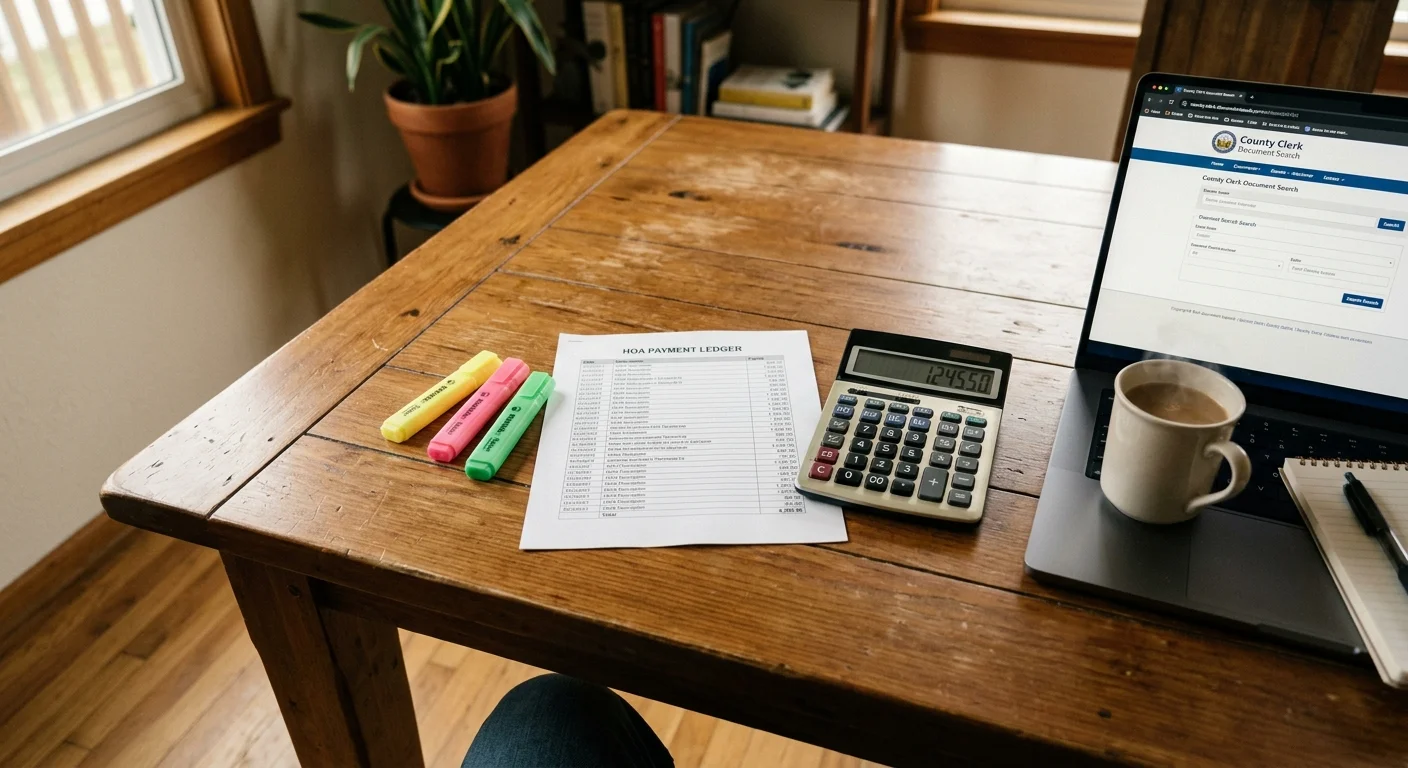 An overhead photograph of an HOA payment ledger paper, highlighters, and a calculator on a wooden table with a laptop in the background.