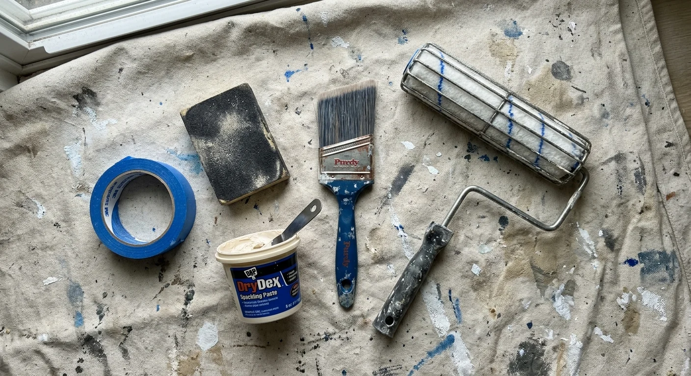 An overhead view of paint prep tools including a 2.5-inch brush, roller, tape, and sanding sponge on a canvas drop cloth.