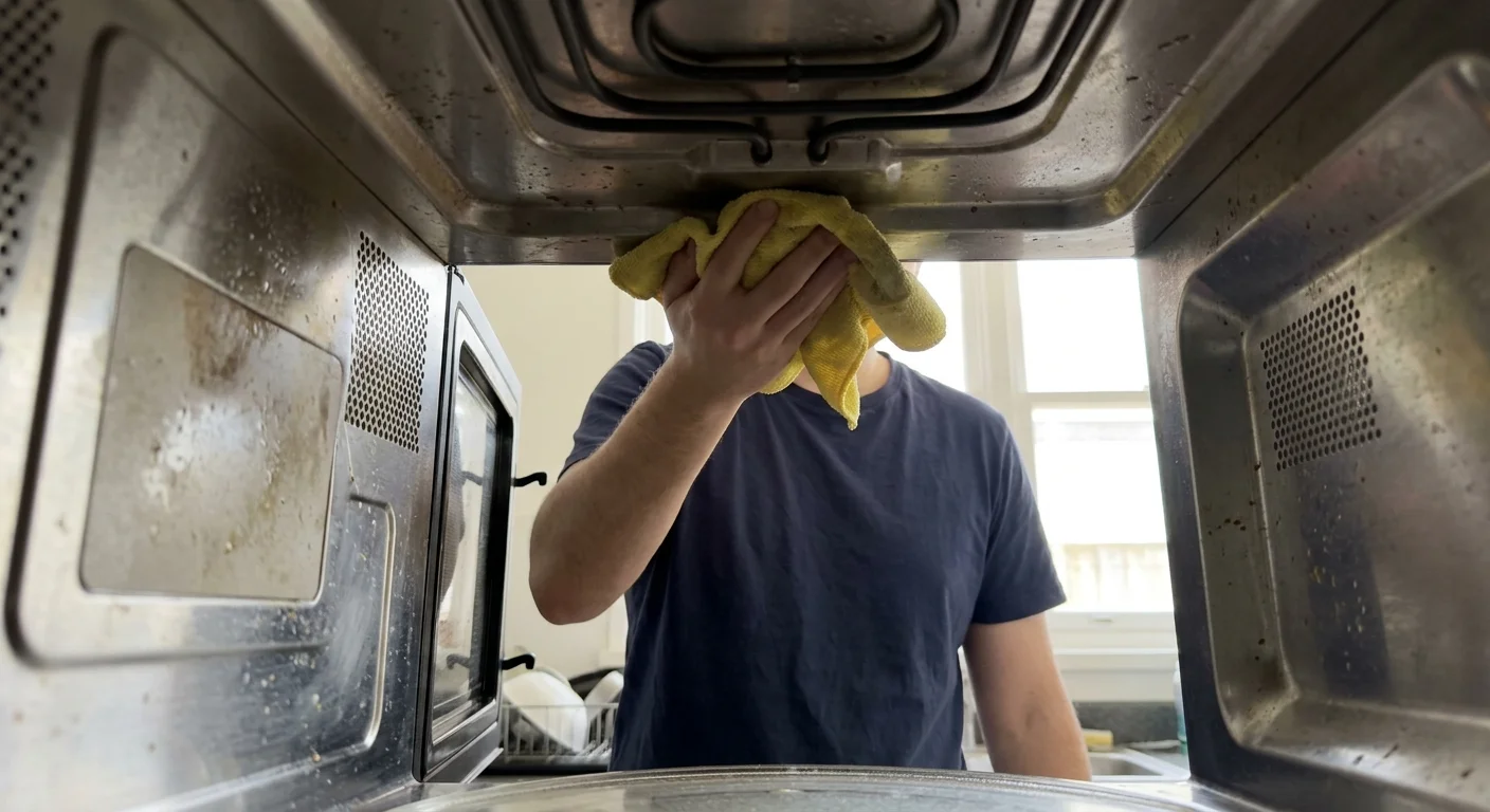 Close-up photo of a person wiping down the interior ceiling of an open microwave with a yellow microfiber cloth.