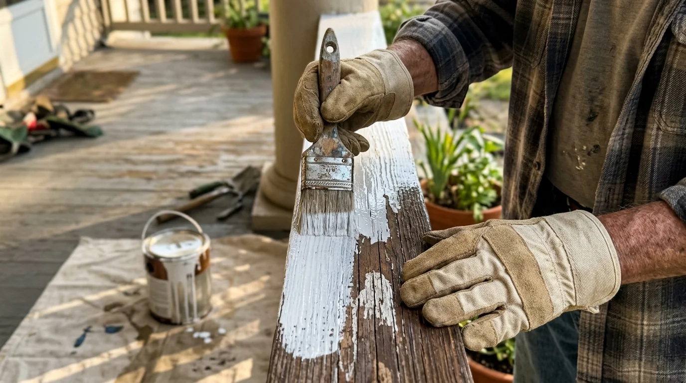 Close-up photo of a retiree's gloved hand painting a wooden front porch railing with white paint in warm afternoon sun.