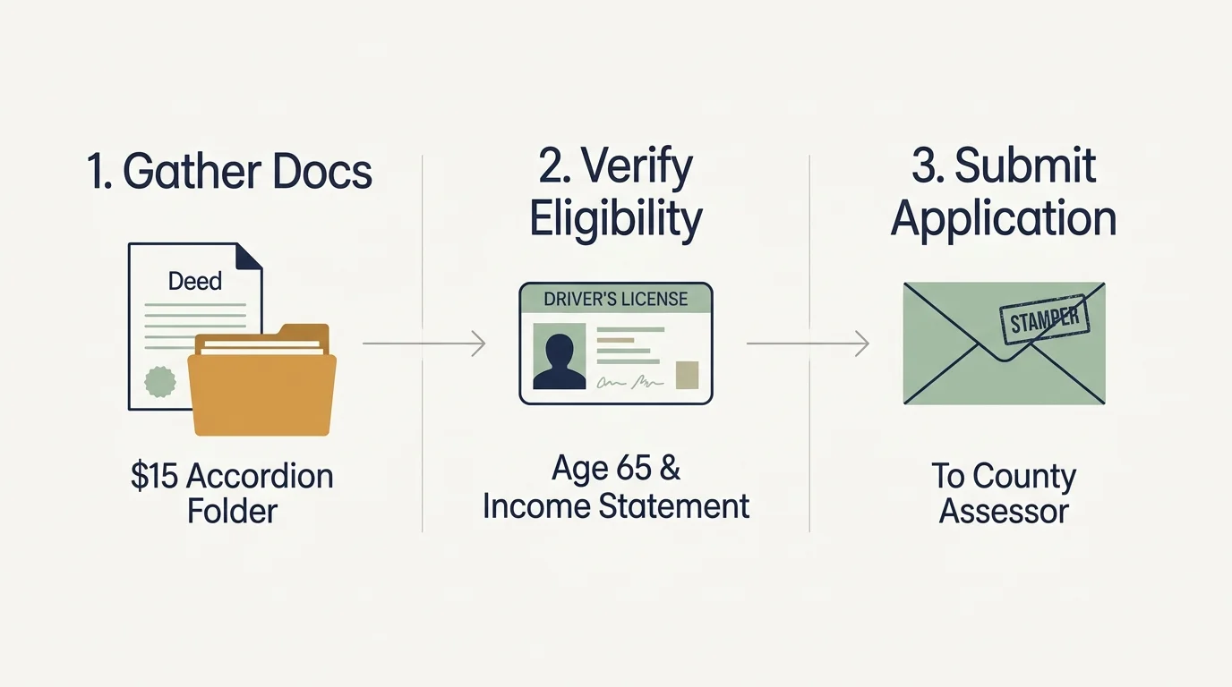 Horizontal 3-step flowchart outlining document collection, eligibility verification, and application submission to the assessor.