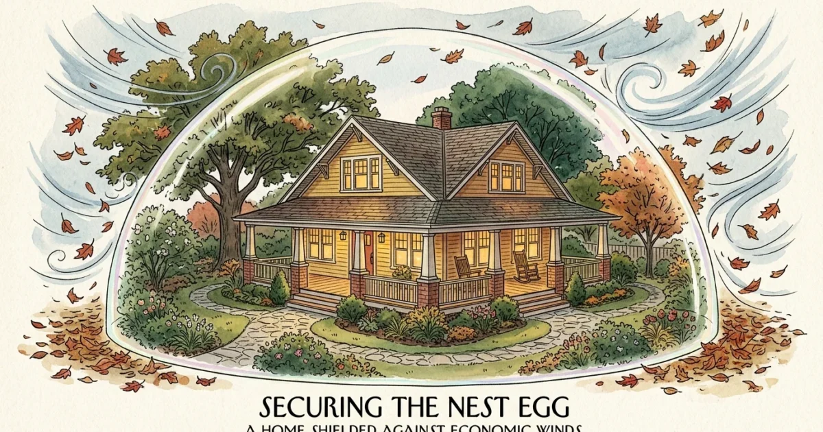 Ink and watercolor illustration of a cozy craftsman house protected by a warm glass dome, shielding it from cold autumn winds.