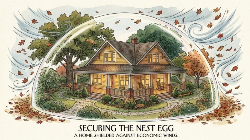 Ink and watercolor illustration of a cozy craftsman house protected by a warm glass dome, shielding it from cold autumn winds.