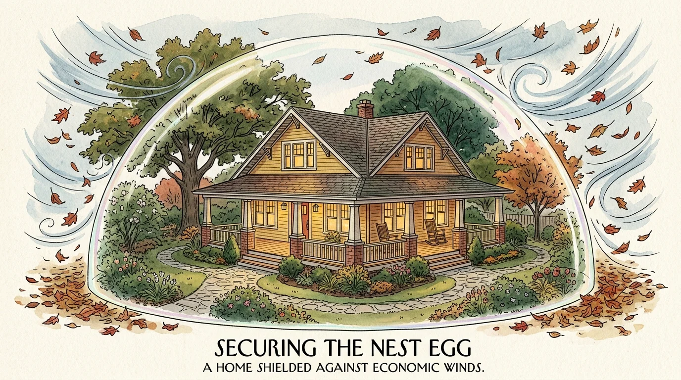 Ink and watercolor illustration of a cozy craftsman house protected by a warm glass dome, shielding it from cold autumn winds.