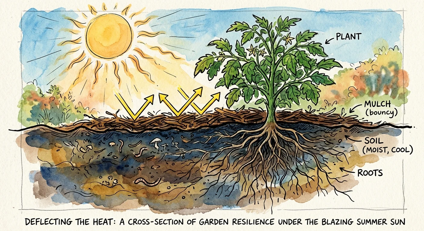 Ink and watercolor illustration of a plant's deep root system protected by mulch under a hot summer sun.