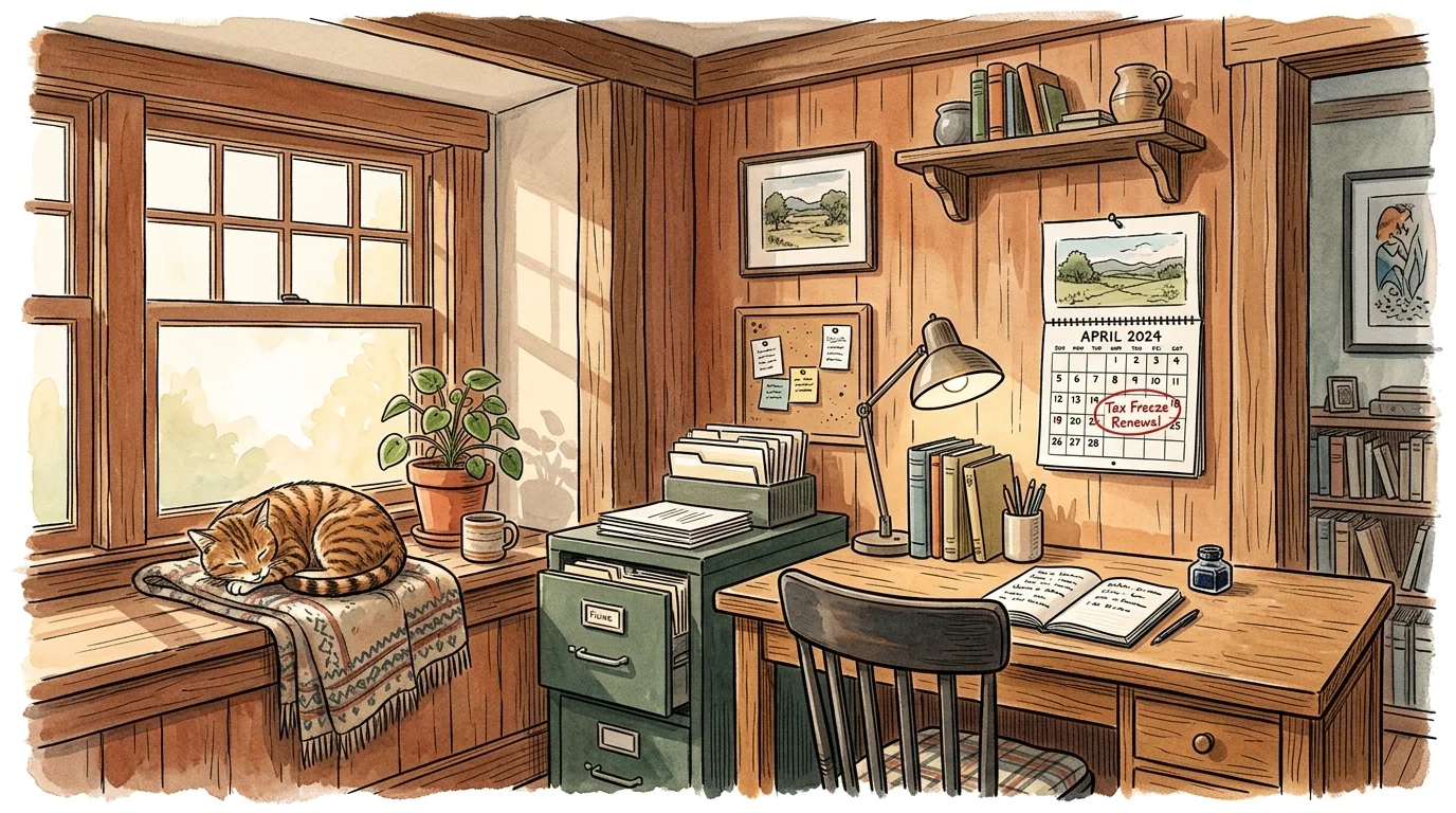 Ink and watercolor illustration of a sunny home office desk with a green filing cabinet, sleeping cat, and a calendar marked for tax renewal