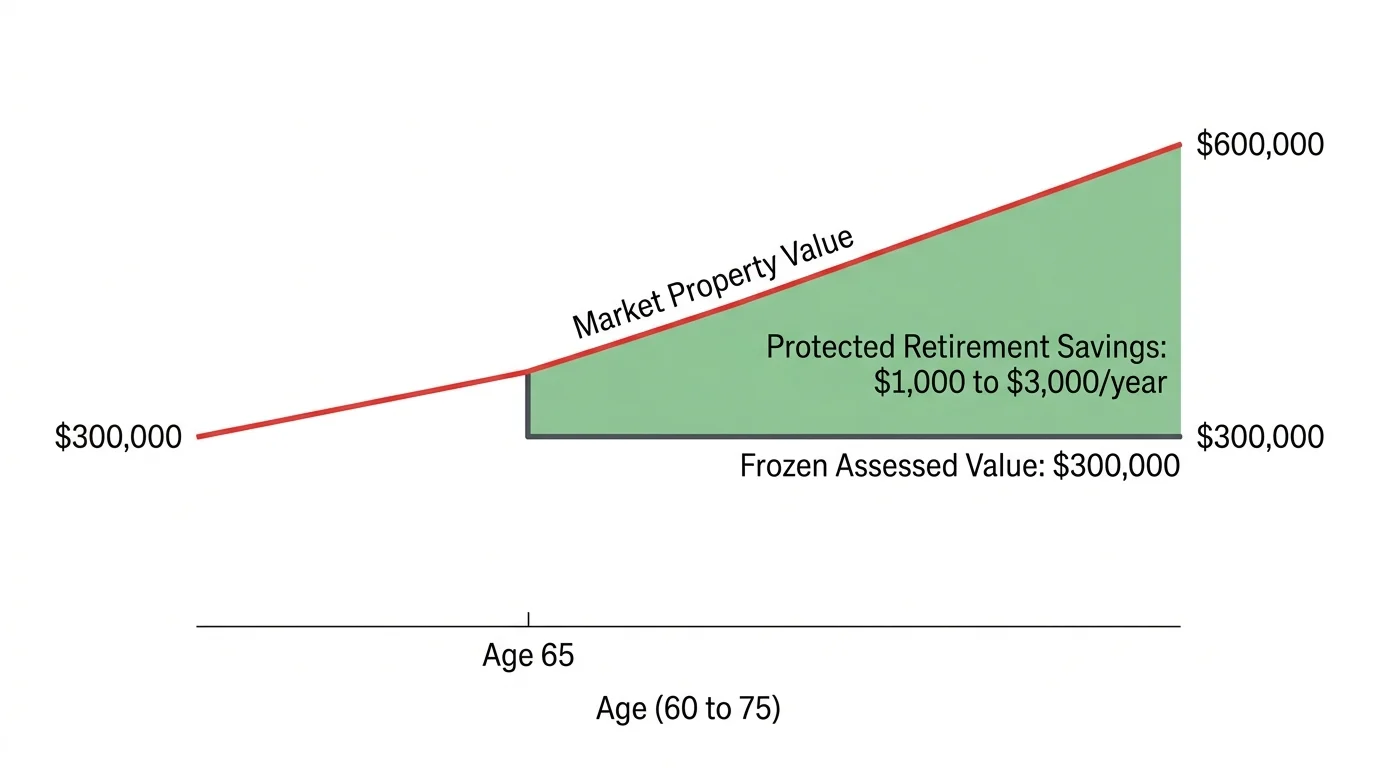 Minimalist line graph showing property tax frozen at a $300,000 baseline at Age 65 while market value climbs, highlighting the savings gap.