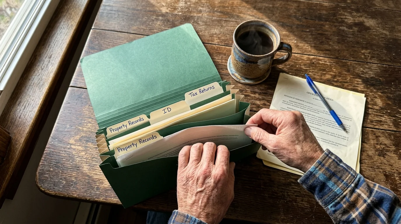 Overhead photo of an older adult's hands organizing deeds and tax returns into a green accordion file folder on a wooden kitchen table.