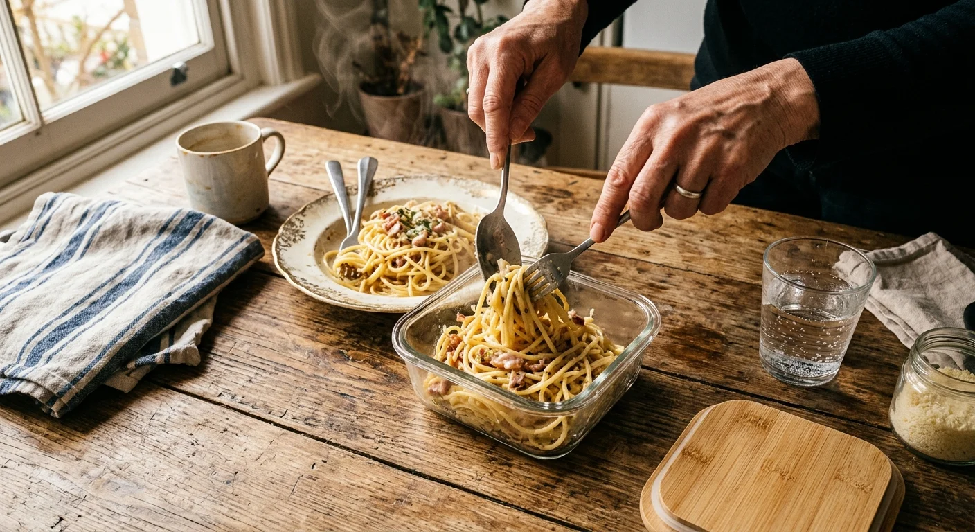 Overhead smartphone photo of hands transferring food from a metallic-rimmed plate into a clear borosilicate glass container.