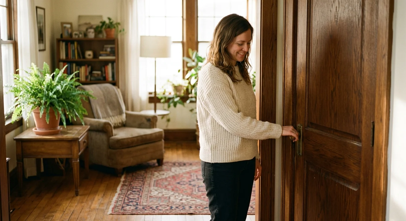 35mm film photo of a person gently closing a solid wood door in a sunlit, cozy living room.
