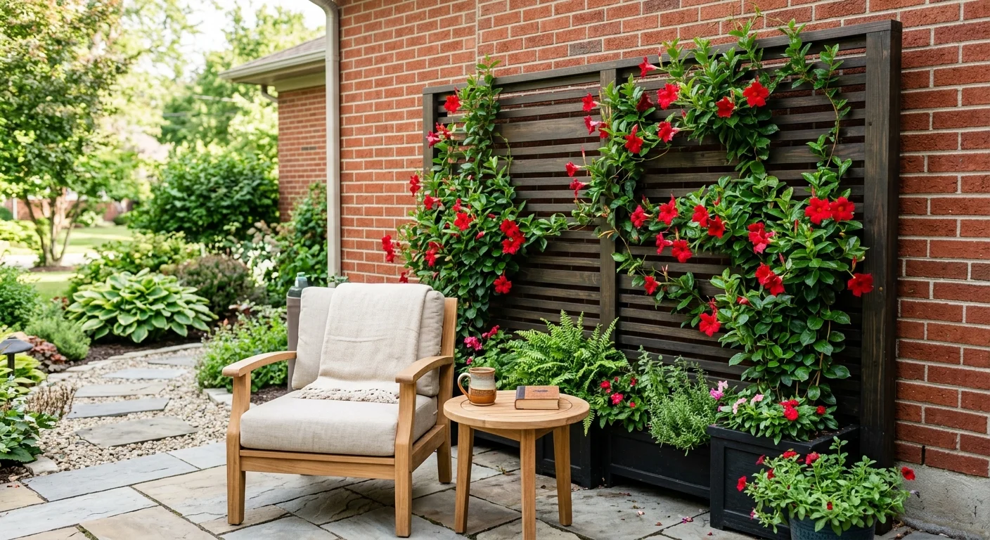 A beautiful backyard patio with a wooden trellis living wall mounted against a brick house with flowering vines.