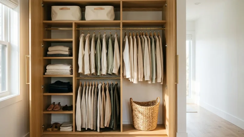 A beautifully organized modern closet with dual-tier hanging rods, wooden hangers, and neat canvas bins on white oak shelves.