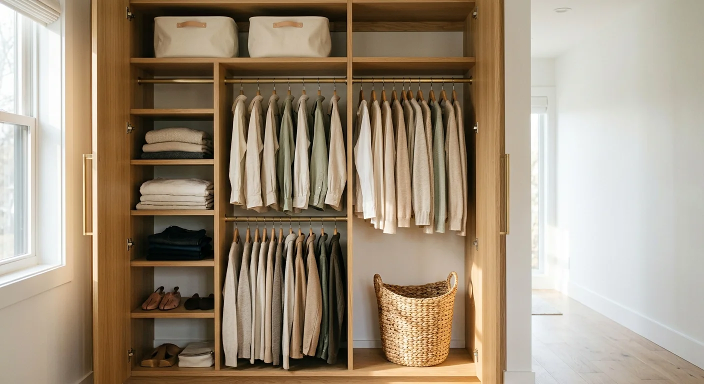 A beautifully organized modern closet with dual-tier hanging rods, wooden hangers, and neat canvas bins on white oak shelves.