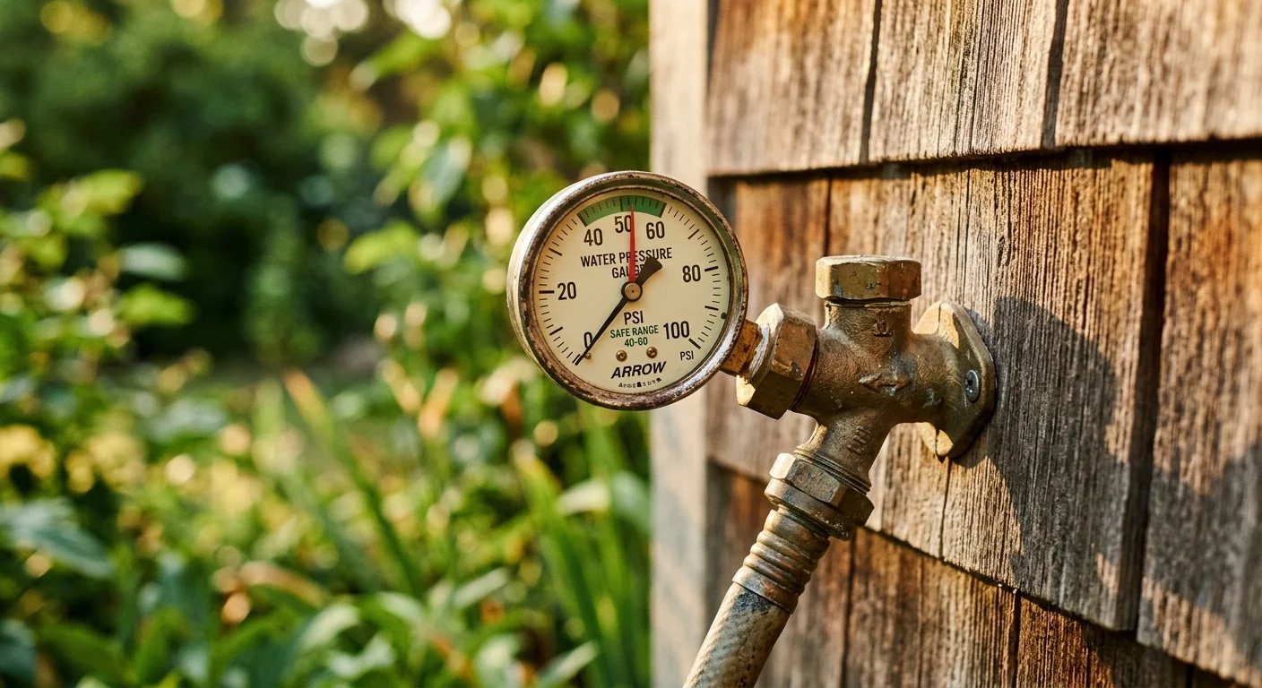 A brass water pressure gauge attached to an outdoor spigot, displaying a safe reading of 50 PSI.