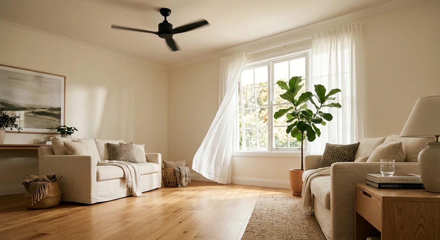 A bright, airy living room with sheer white curtains blowing in a breeze from an open window and a spinning ceiling fan.