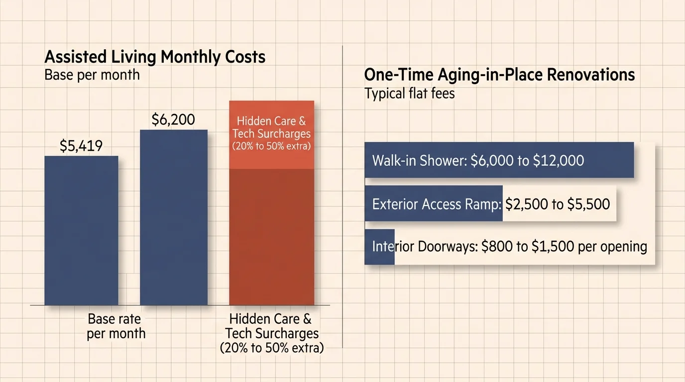 A clean financial comparison diagram showing monthly assisted living fees versus one-time home accessibility renovation costs.