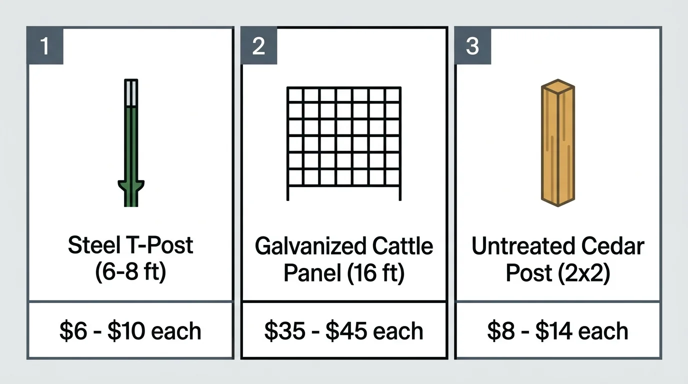 A clean horizontal infographic diagram showing the costs of steel T-posts, cattle panels, and cedar posts.