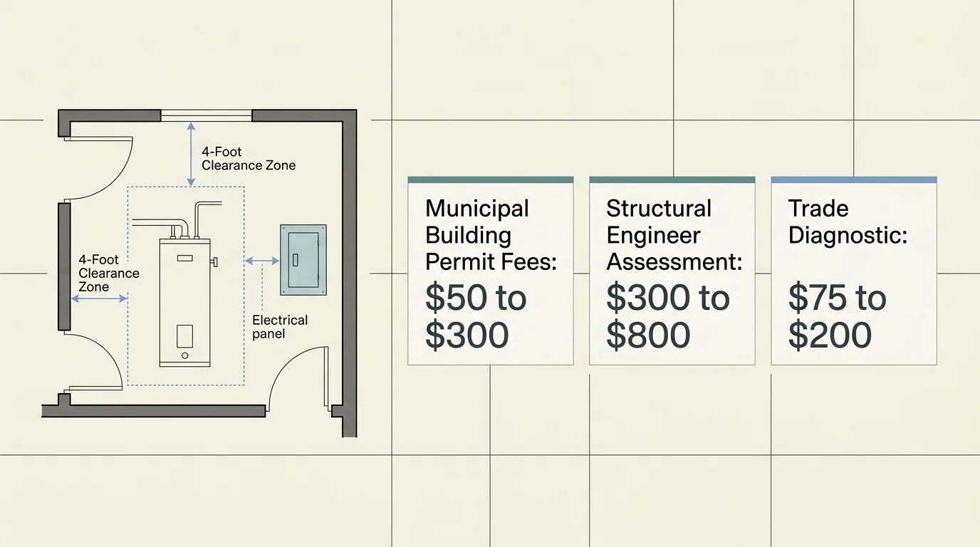 A clean, minimalist 16:9 diagram showing utility clearance zones and home maintenance diagnostic costs.