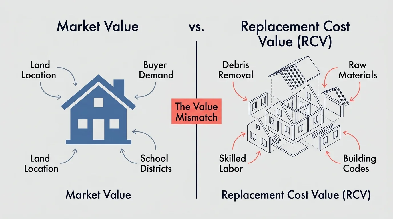 A clean minimalist diagram comparing the factors of a home's Market Value against its higher Replacement Cost Value.