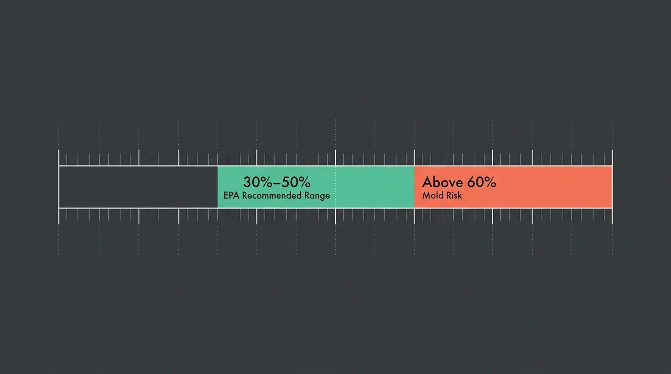 A clean minimalist diagram showing the EPA-recommended indoor humidity range of 30% to 50% vs high risk levels.
