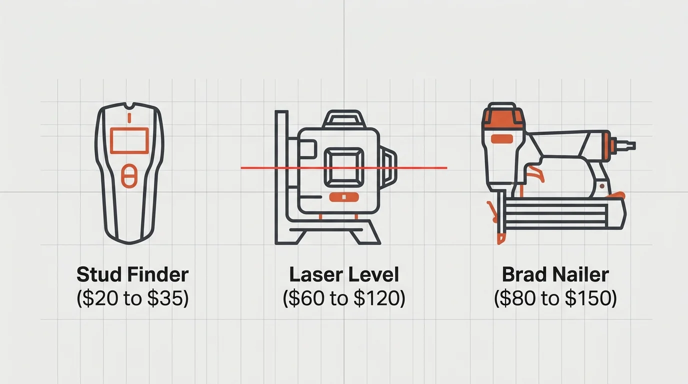 A clean, modern flat-lay diagram showing labeled icons and price ranges for a stud finder, laser level, and pneumatic brad nailer.