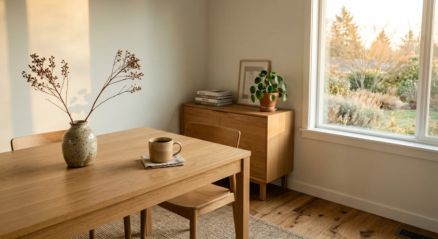 A clean, sunlit dining room featuring a decluttered oak table with a single vase, evoking a peaceful and calm atmosphere.