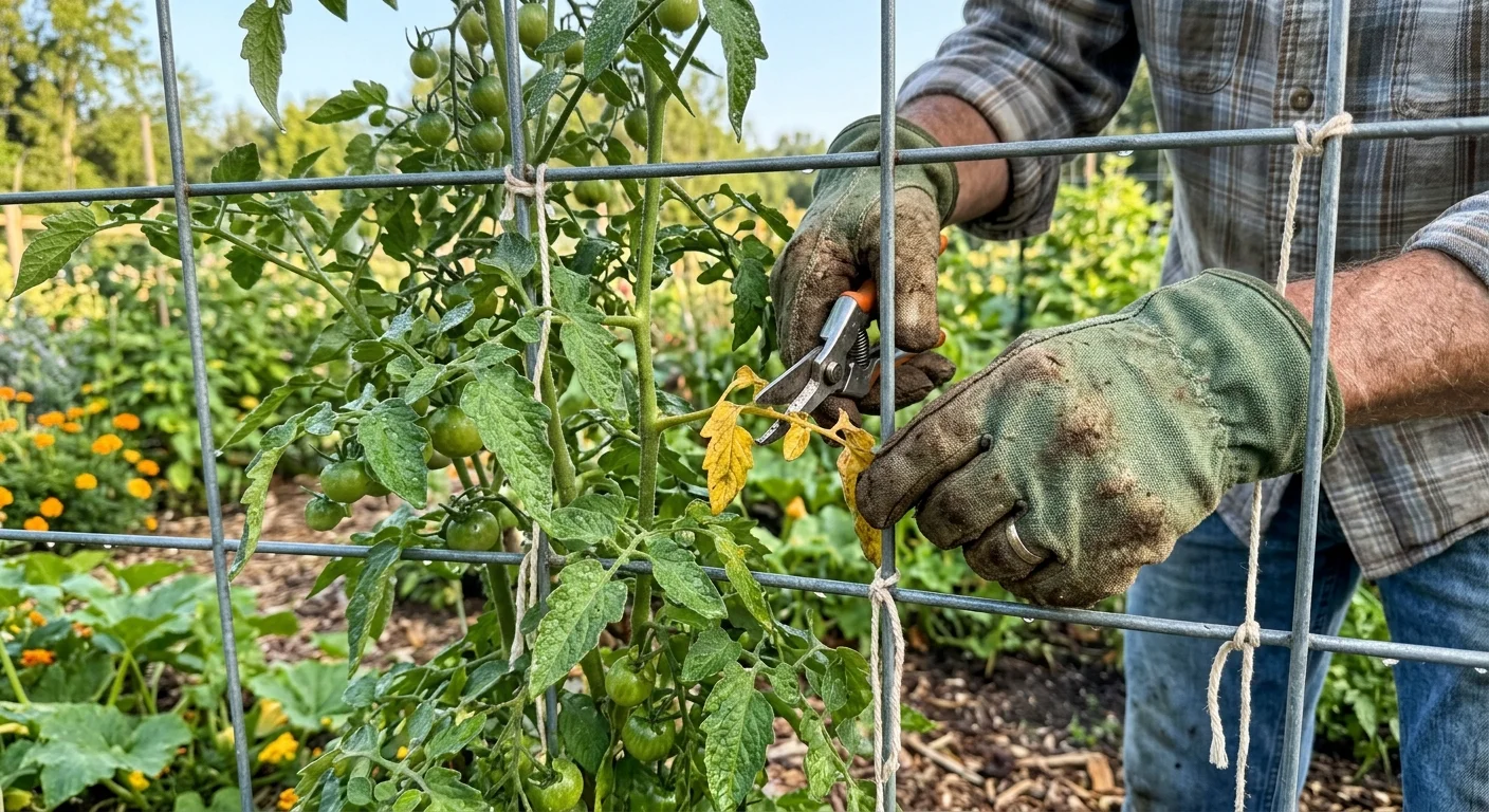 A close-up documentary photograph of a gardener's hands pruning climbing tomato vines on a metal grid trellis.
