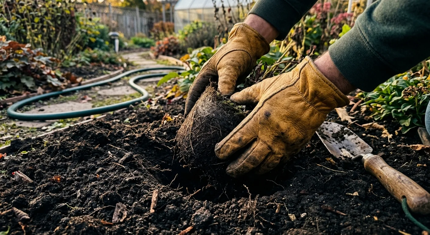 A close-up, first-person photo of gloved hands planting a perennial root ball into rich garden soil.
