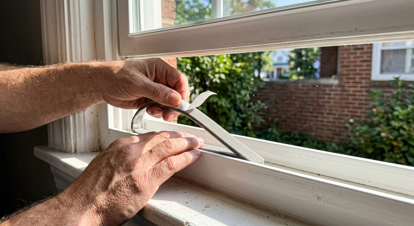 A close-up, natural light photo of hands applying foam weatherstripping tape into a white window sash track.