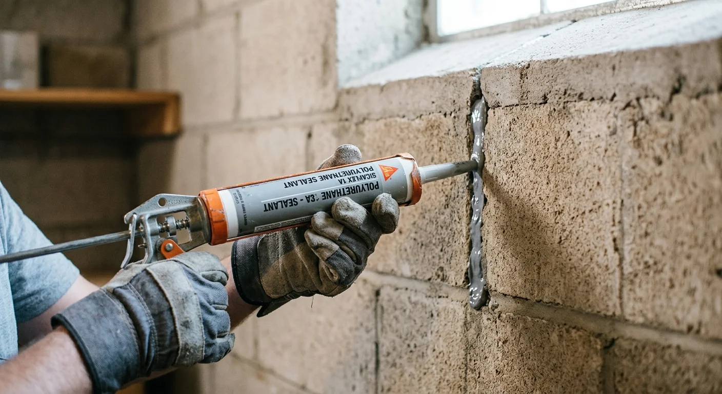 A close-up of hands in work gloves using a caulking gun to apply gray sealant to a crack in a concrete basement wall.