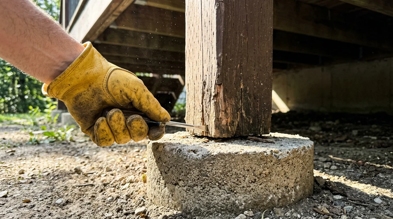 A close-up photo of a gloved hand using a screwdriver to test a wooden deck support post for soft wood rot.