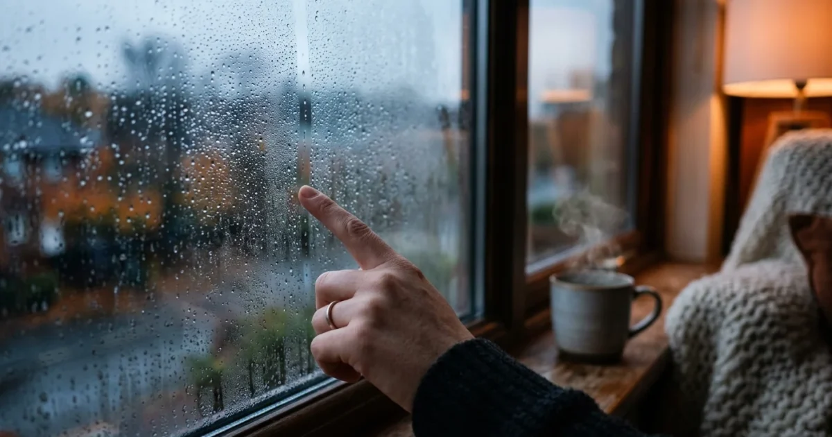 A close-up photo of a hand touching a fogged-up window with condensation, inside a cozy warmly-lit room.