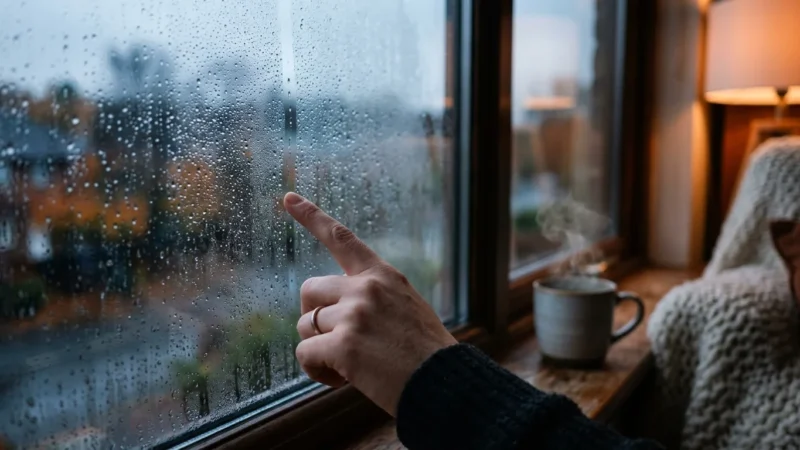 A close-up photo of a hand touching a fogged-up window with condensation, inside a cozy warmly-lit room.
