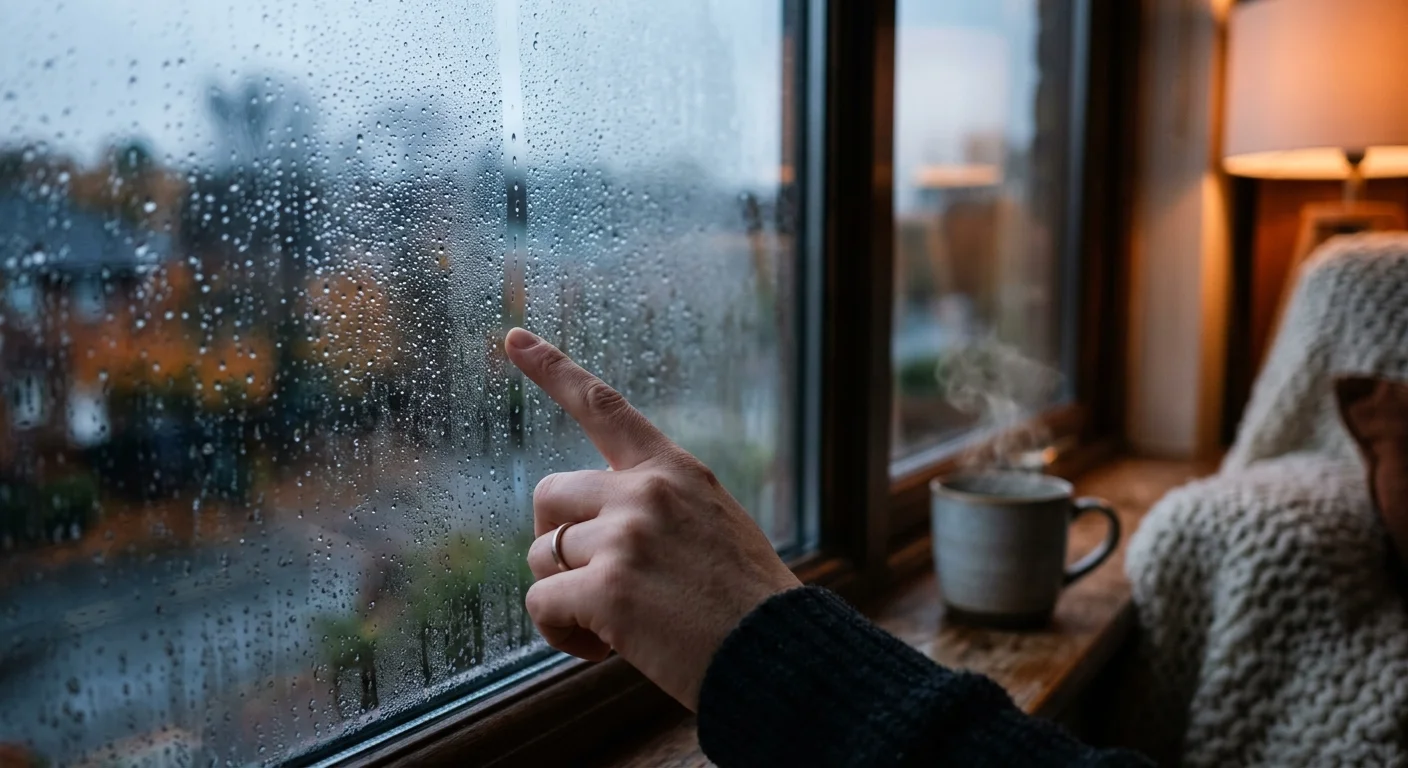 A close-up photo of a hand touching a fogged-up window with condensation, inside a cozy warmly-lit room.