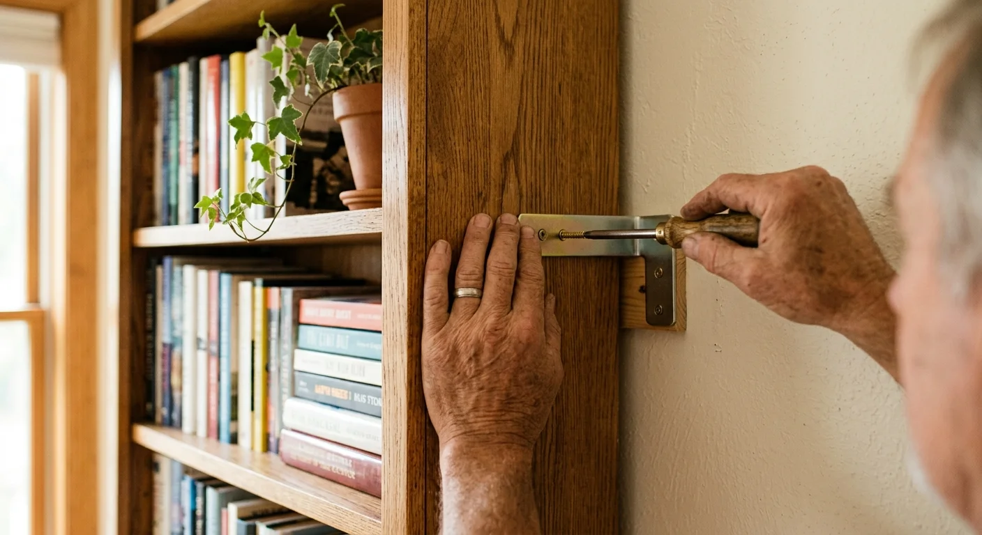 A close-up photo of hands anchoring a wooden bookcase to a wall stud with a metal bracket for safety.