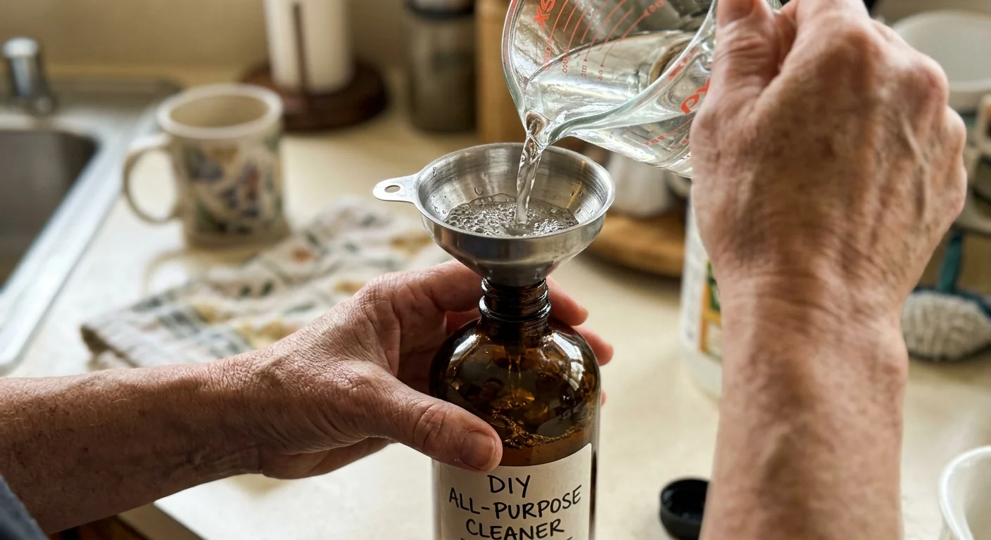 A close-up photo of hands pouring white vinegar through a metal funnel into an amber glass bottle on a kitchen counter.
