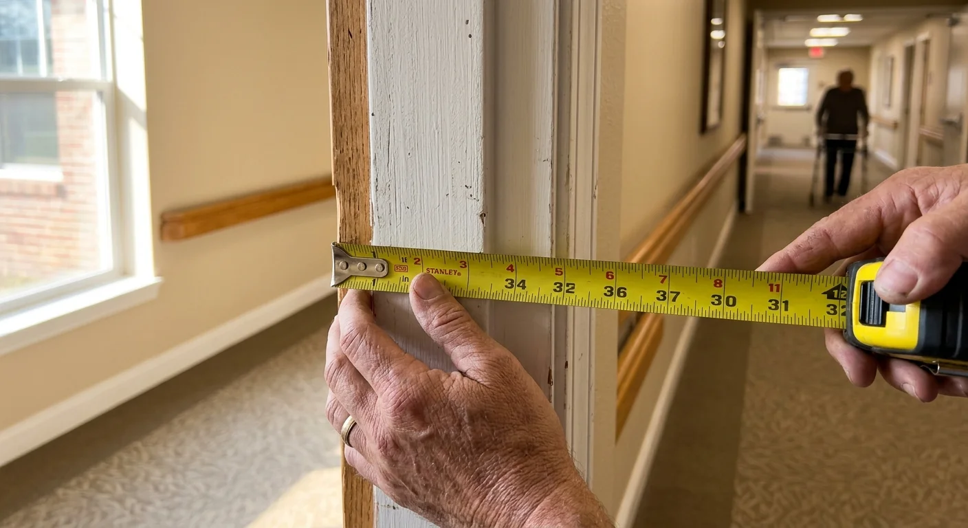 A close-up photo showing hands measuring a doorway width with a tape measure in a bright hallway.
