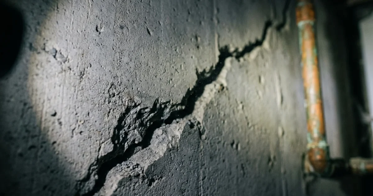 A close-up photograph of a deep diagonal crack in a concrete basement wall, illuminated by a harsh low-angle flashlight.