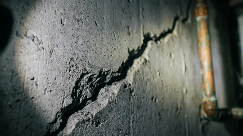 A close-up photograph of a deep diagonal crack in a concrete basement wall, illuminated by a harsh low-angle flashlight.